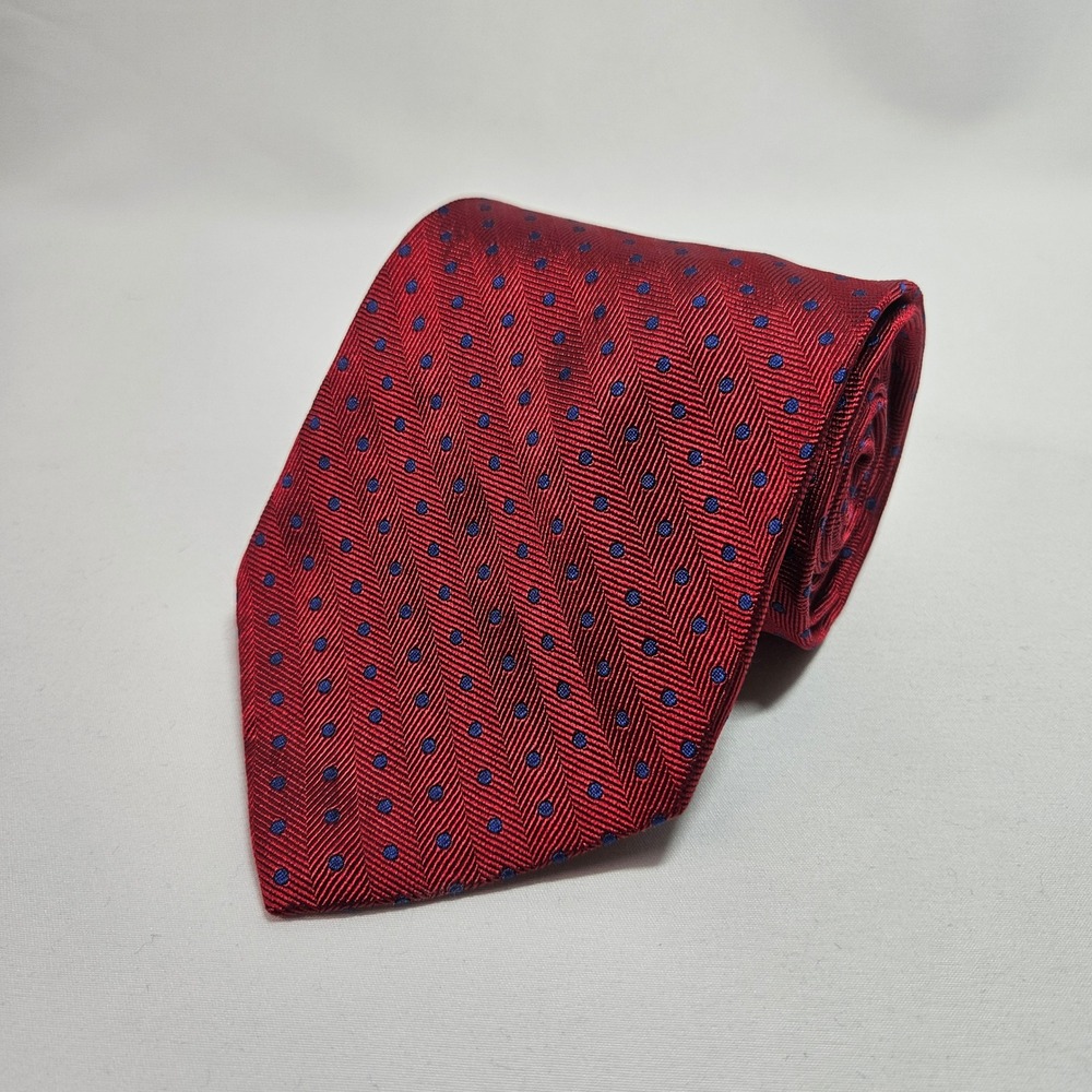 Lauren Ralph Lauren Mens Red Herringbone Blue Polka Dot Silk Tie Italy 4"x58"